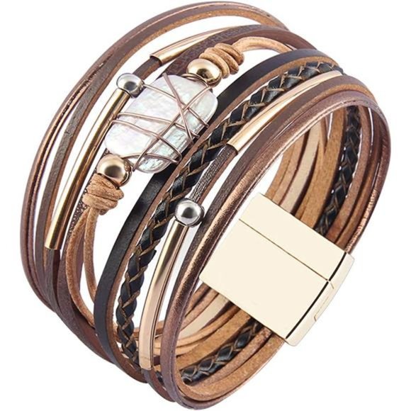 Leather Cuff Bracelet with Baroque Pearls and Gold Accents - Picture 3 of 6